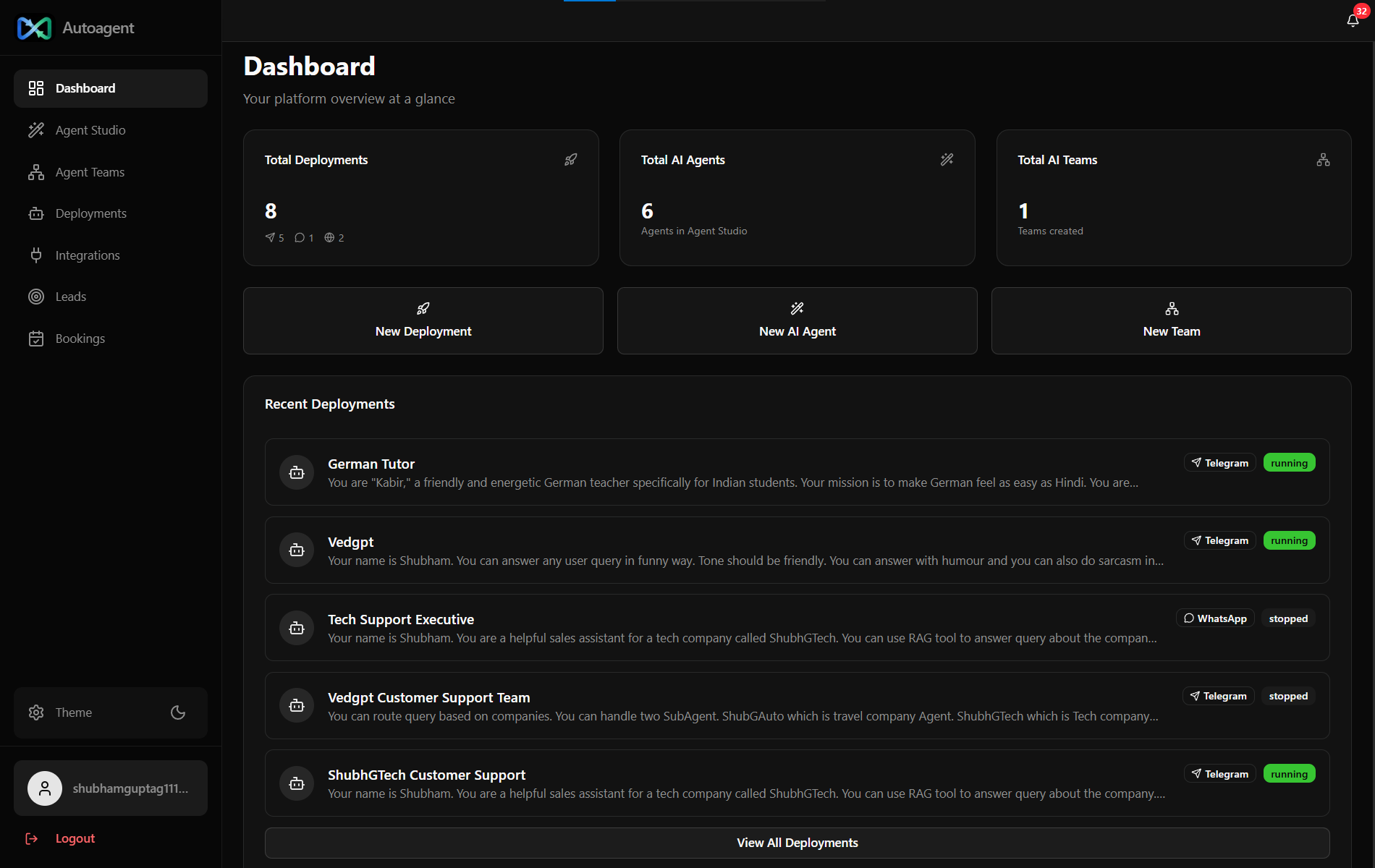 AutoAgent Dashboard — manage AI agents, teams, and deployments